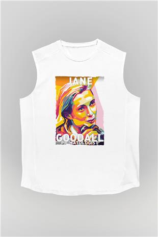 Jane Goodall Baskılı Unisex Kolsuz Beyaz Tişört - Tshirt