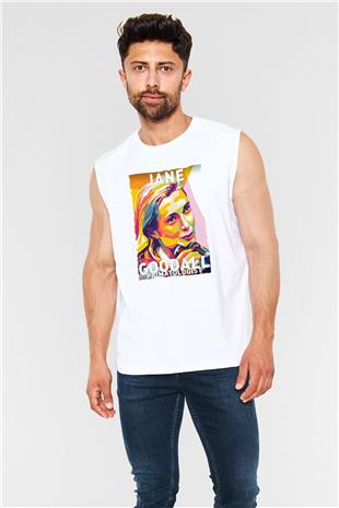 Jane Goodall Baskılı Unisex Kolsuz Beyaz Tişört - Tshirt