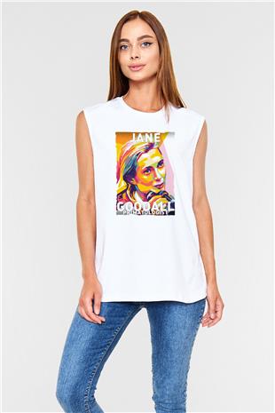 Jane Goodall Baskılı Unisex Kolsuz Beyaz Tişört - Tshirt