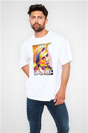 Jane Goodall Baskılı Unisex Oversize Beyaz Tişört - Tshirt