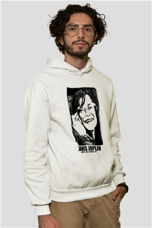 Janis Joplin Beyaz Unisex Kapşonlu Sweatshirt