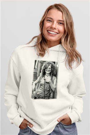 Janis Joplin Beyaz Unisex Kapşonlu Sweatshirt