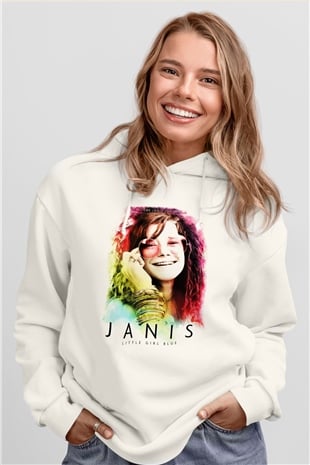 Janis Joplin Beyaz Unisex Kapşonlu Sweatshirt