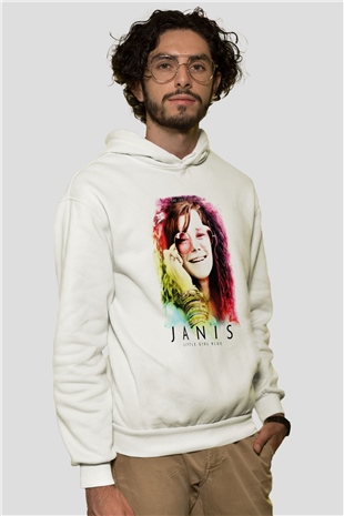 Janis Joplin Beyaz Unisex Kapşonlu Sweatshirt
