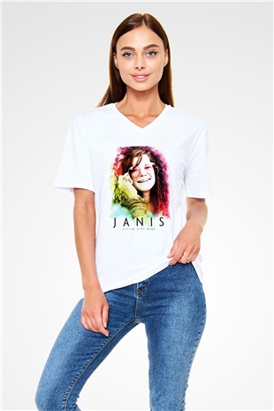 Janis Joplin Beyaz Unisex V Yaka Tişört T-Shirt