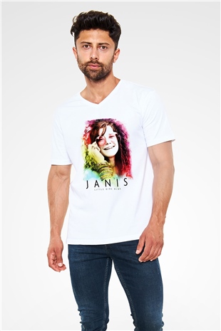 Janis Joplin Beyaz Unisex V Yaka Tişört T-Shirt