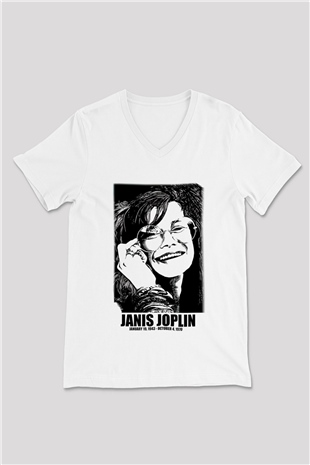 Janis Joplin Beyaz Unisex V Yaka Tişört T-Shirt