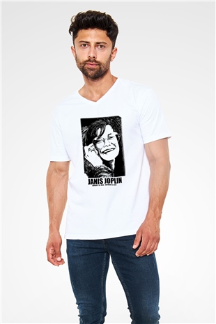 Janis Joplin Beyaz Unisex V Yaka Tişört T-Shirt