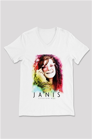 Janis Joplin Beyaz Unisex V Yaka Tişört T-Shirt