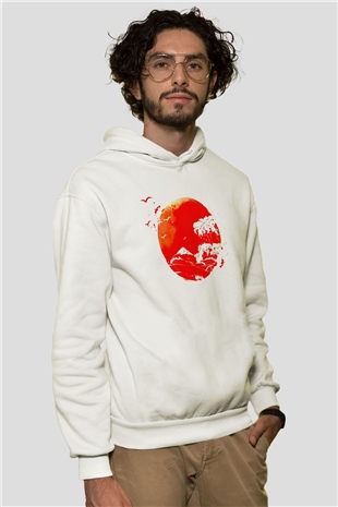 Japonya Beyaz Unisex Kapşonlu Sweatshirt