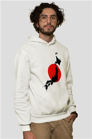 Japonya Beyaz Unisex Kapşonlu Sweatshirt