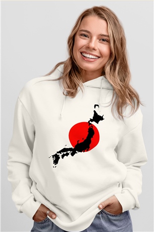 Japonya Beyaz Unisex Kapşonlu Sweatshirt