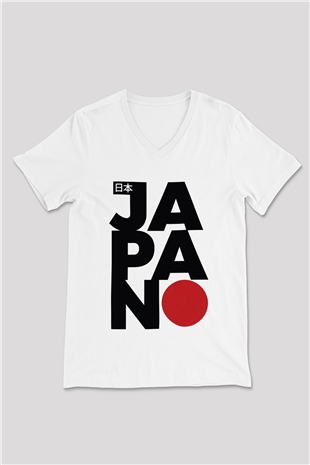 Japonya Beyaz Unisex V Yaka Tişört