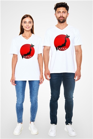 Japonya Beyaz Unisex V Yaka Tişört T-Shirt