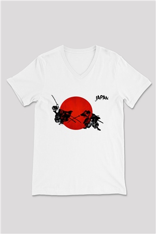 Japonya Beyaz Unisex V Yaka Tişört T-Shirt
