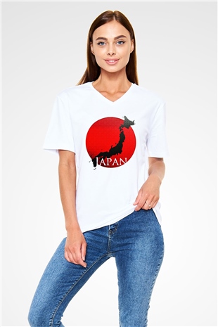 Japonya Beyaz Unisex V Yaka Tişört T-Shirt