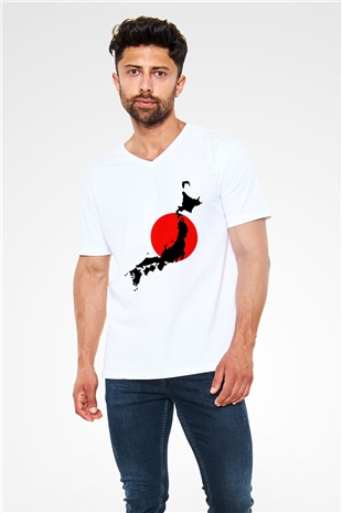 Japonya Beyaz Unisex V Yaka Tişört T-Shirt