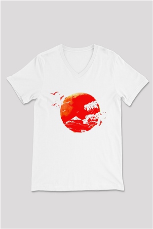 Japonya Beyaz Unisex V Yaka Tişört T-Shirt