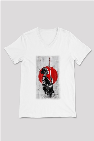 Japonya Beyaz Unisex V Yaka Tişört T-Shirt