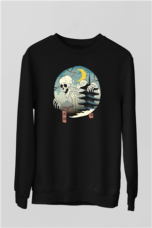 Japonya İskelet Baskılı Unisex Siyah  Sweatshirt