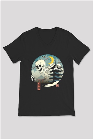 Japonya İskelet Baskılı Unisex Siyah  V Yaka Tişört