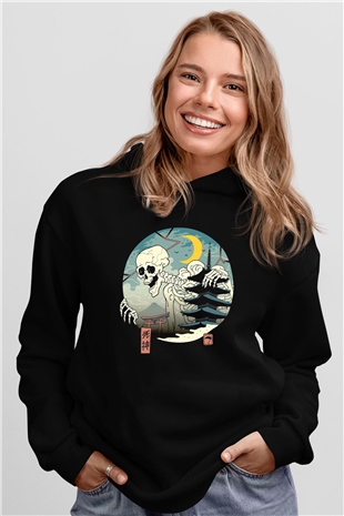 Japonya İskeletSiyah  Unisex Hoodie