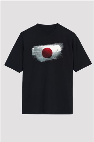 Japonya - Japan Bayrağı Baskılı Unisex Siyah Oversize Tişört
