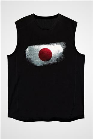 Japonya - Japan Bayrağı Baskılı Unisex Siyah Kolsuz Tişört