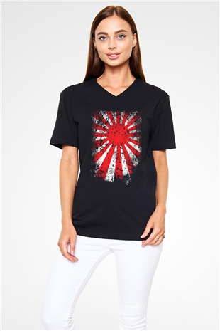 Japonya Siyah Unisex V Yaka Tişört