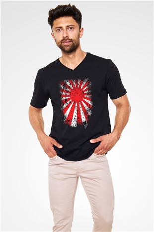 Japonya Siyah Unisex V Yaka Tişört