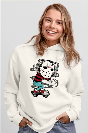 Jason Boombox Baskılı Unisex Beyaz Hoodie