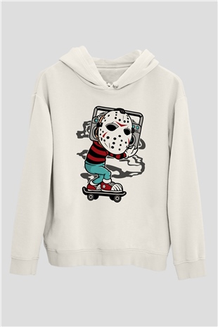 Jason Boombox Baskılı Unisex Beyaz Hoodie