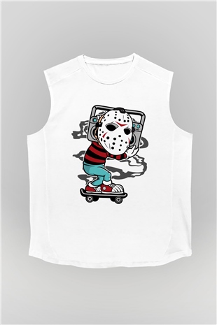 Jason Boombox Baskılı Unisex Beyaz Kolsuz Tişört