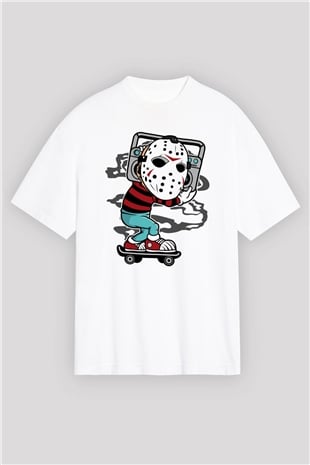 Jason Boombox Baskılı Unisex Beyaz Oversize Tişört