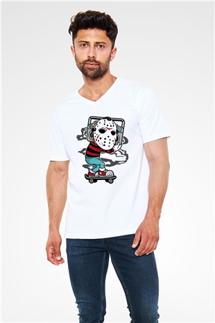 Jason Boombox Baskılı Unisex Beyaz V Yaka Tişört