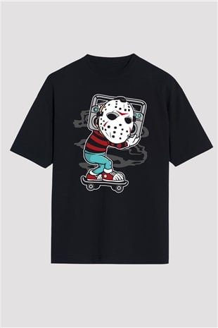 Jason Boombox Baskılı Unisex Siyah Oversize Tişört