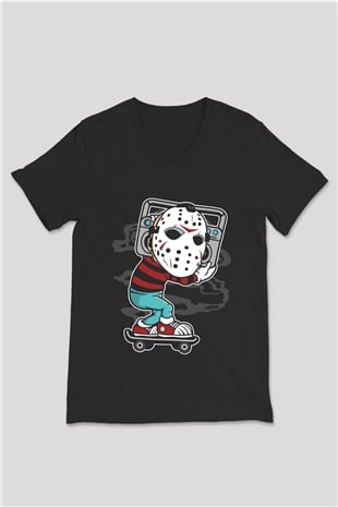 Jason Boombox Baskılı Unisex Siyah V Yaka Tişört