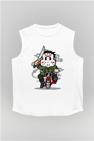 Jason Minibike Baskılı Unisex Beyaz Kolsuz Tişört