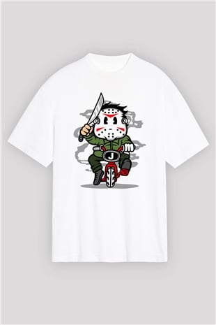 Jason Minibike Baskılı Unisex Beyaz Oversize Tişört