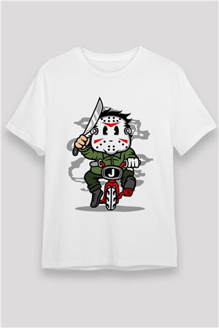 Jason Minibike Baskılı Unisex Beyaz Tişört