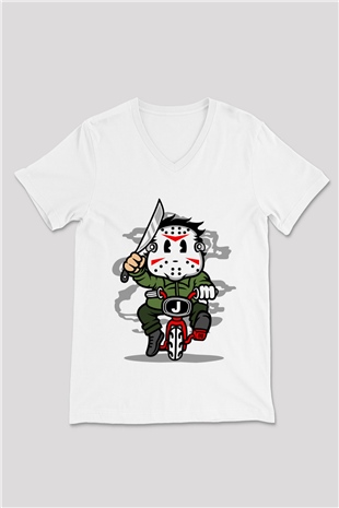Jason Minibike Baskılı Unisex Beyaz V Yaka Tişört