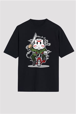 Jason Minibike Baskılı Unisex Siyah Oversize Tişört