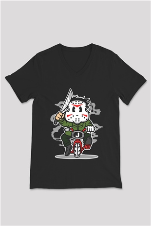 Jason Minibike Baskılı Unisex Siyah V Yaka Tişört
