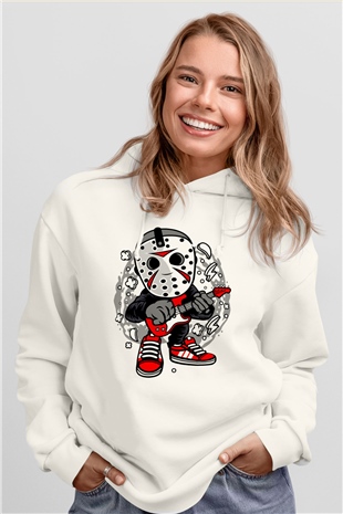Jason Rockstar Baskılı Unisex Beyaz Hoodie