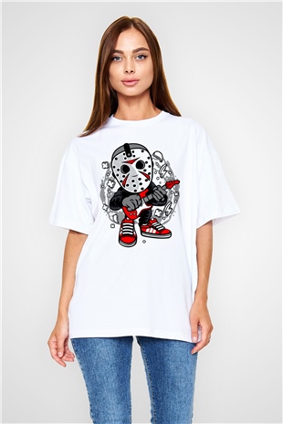 Jason Rockstar Baskılı Unisex Beyaz Oversize Tişört