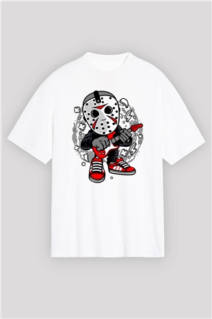 Jason Rockstar Baskılı Unisex Beyaz Oversize Tişört