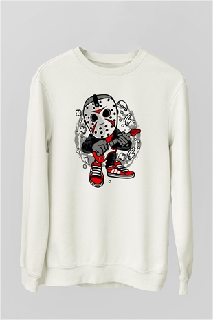Jason Rockstar Baskılı Unisex Beyaz Sweatshirt