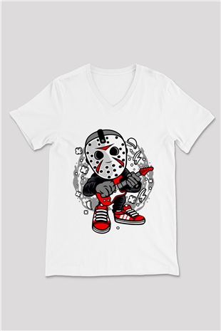 Jason Rockstar Baskılı Unisex Beyaz V Yaka Tişört