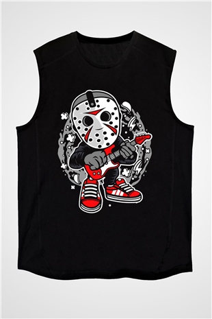Jason Rockstar Baskılı Unisex Siyah Kolsuz Tişört