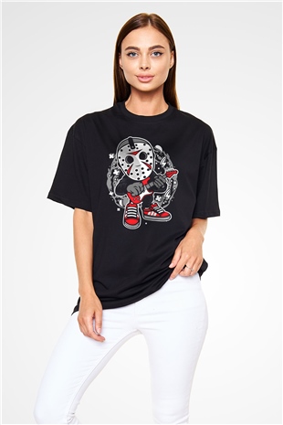 Jason Rockstar Baskılı Unisex Siyah Oversize Tişört